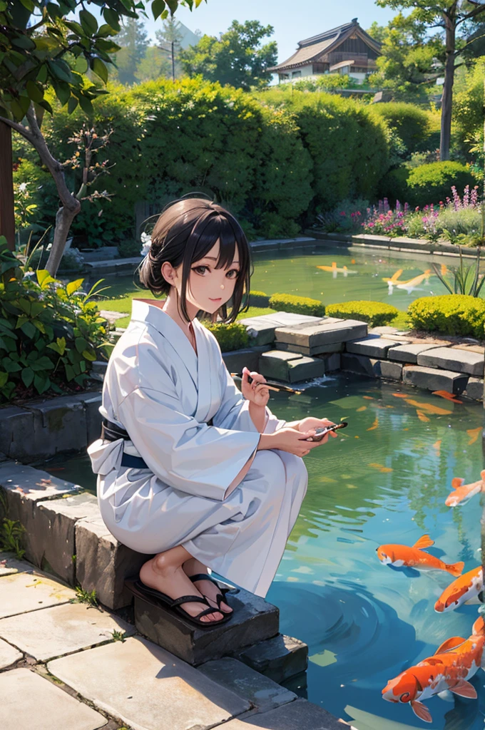 A mature woman in a white yukata squatting on a stone bridge over a koi pond in a garden, tilt one&#39;s head, Fine grain, Long, straight black hair, masterpiece, From below, Detailed white panties