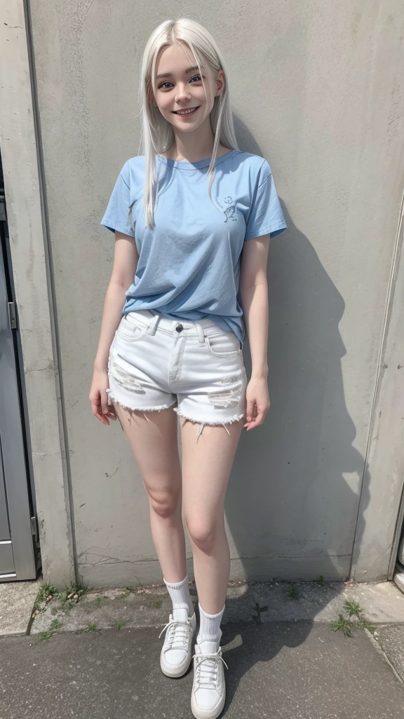 female teenager with white hair, white skin and blue eyes smiling in short jeans full body 
