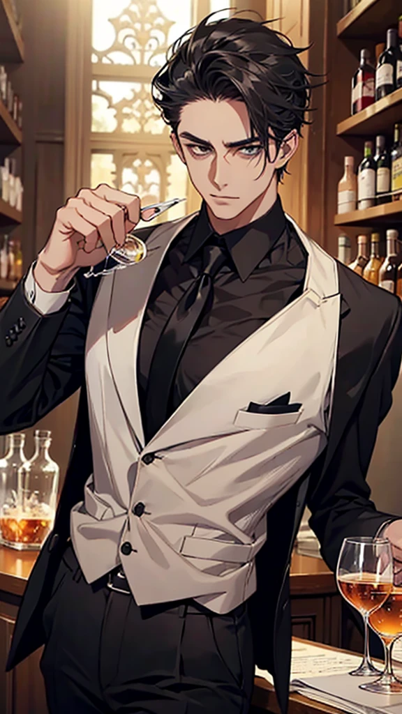 man, black shirt, black tie, silver vest, holding a whiskey glass, no jacket