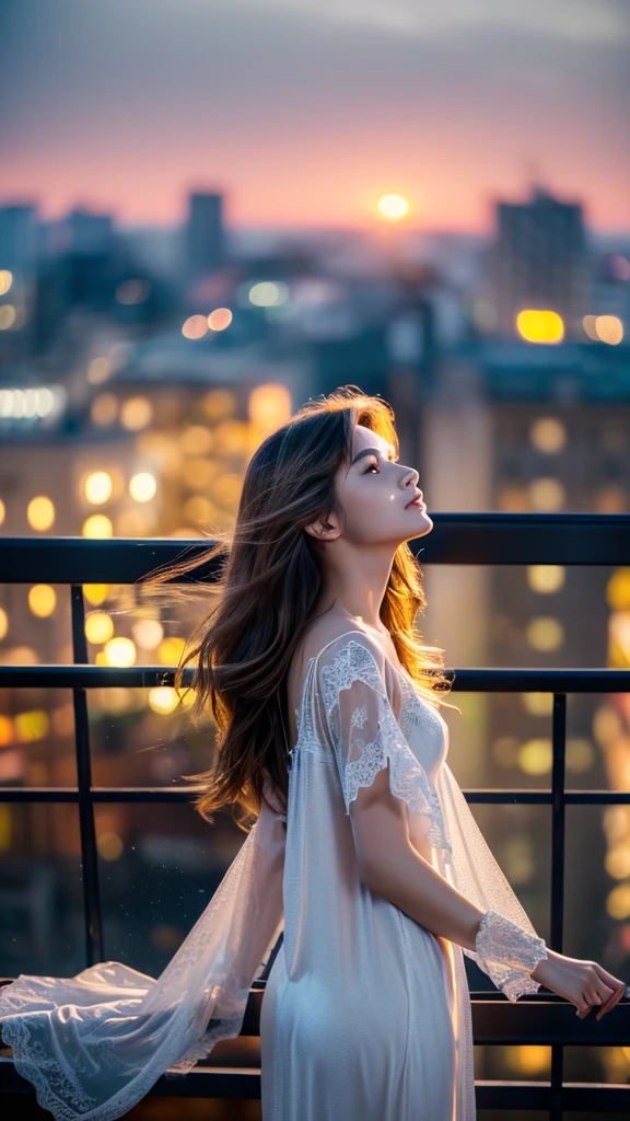((Masterpiece in maximum 16K resolution)), ((soft_color_photograpy)), ((Ultra-Detailed)), ((Movie-like still images and dynamic angles)), ((motion blur)), ((Ultra wide angle)), ((fisheye lens photo)). | ((A high-resolution, beautiful woman, wearing a fluttering nightgown, standing on a balcony, sunset sky, detailed facial features, long flowing hair, elegant pose)), ((fluttering night gown)), ((penthouse balcony)), ((motion blur)), ((supermodel beauty)), ((majestic beauty atmosphere), (shimmer), (visual experience), (Realism), (Realistic), award-winning graphics, dark shot, film grain, extremely detailed, Digital Art, rtx, Unreal Engine, scene concept anti glare effect, All captured with sharp focus. Rendered in ultra-high definition with UHD and retina quality, this masterpiece ensures anatomical correctness and textured skin with super detail. With a focus on high quality and accuracy, this award-winning portrayal captures every nuance in stunning 16k resolution, immersing viewers in its lifelike depiction. Avoid extreme angles or exaggerated expressions to maintain realism. ((perfect_composition, perfect_design, perfect_layout, perfect_detail, ultra_detailed)), ((enhance_all, fix_everything)), More Detail, Enhance.
