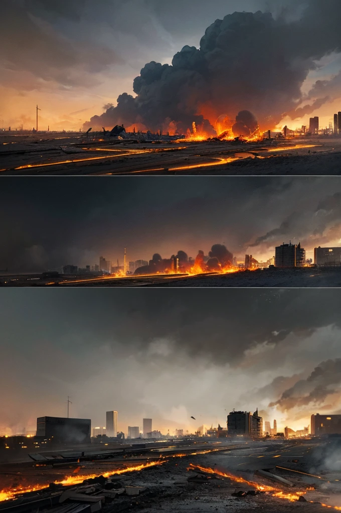 Destruction of city with fires, explosions and collapsing structures. Concept of war and disaster