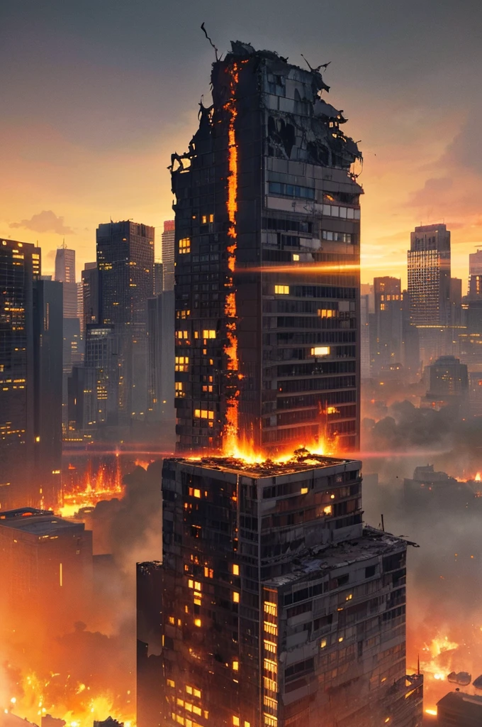 Content:
A city in the throes of destruction, engulfed in flames. Buildings are collapsing, with debris scattered across the streets. The sky is filled with thick, dark smoke, casting an ominous shadow over the entire scene. Fire hydrants and streetlights are bent or broken, and the roads are cracked and torn apart.
Medium:
Digital art, concept illustration.
Style:
Post-apocalyptic, detailed urban destruction.
Lighting:
Dramatic, with intense contrasts created by the bright, raging flames against the dark, smoky sky. Flickering firelight illuminates the scene with eerie, unpredictable shadows.
Colours:
A palette dominated by fiery reds, oranges, and yellows from the flames, contrasted with the dark greys and blacks of the smoke and ruined buildings. Occasional flashes of metallic colors from destroyed vehicles and infrastructure.
Composition:
A wide-angle shot capturing the scale of the destruction. The foreground features rubble and remnants of everyday life, while the background is dominated by towering buildings crumbling into the inferno. The perspective is slightly tilted to convey the chaos and instability of the scene.