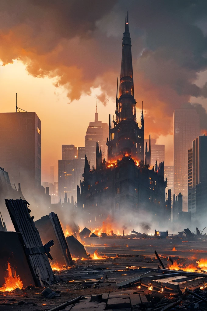 Content:
A city in the throes of destruction, engulfed in flames. Buildings are collapsing, with debris scattered across the streets. The sky is filled with thick, dark smoke, casting an ominous shadow over the entire scene. Fire hydrants and streetlights are bent or broken, and the roads are cracked and torn apart.

Medium:
Digital art, concept illustration.

Style:
Post-apocalyptic, detailed urban destruction.

Lighting:
Dramatic, with intense contrasts created by the bright, raging flames against the dark, smoky sky. Flickering firelight illuminates the scene with eerie, unpredictable shadows.

Colours:
A palette dominated by fiery reds, oranges, and yellows from the flames, contrasted with the dark greys and blacks of the smoke and ruined buildings. Occasional flashes of metallic colors from destroyed vehicles and infrastructure.

Composition:
A wide-angle shot capturing the scale of the destruction. The foreground features rubble and remnants of everyday life, while the background is dominated by towering buildings crumbling into the inferno. The perspective is slightly tilted to convey the chaos and instability of the scene.