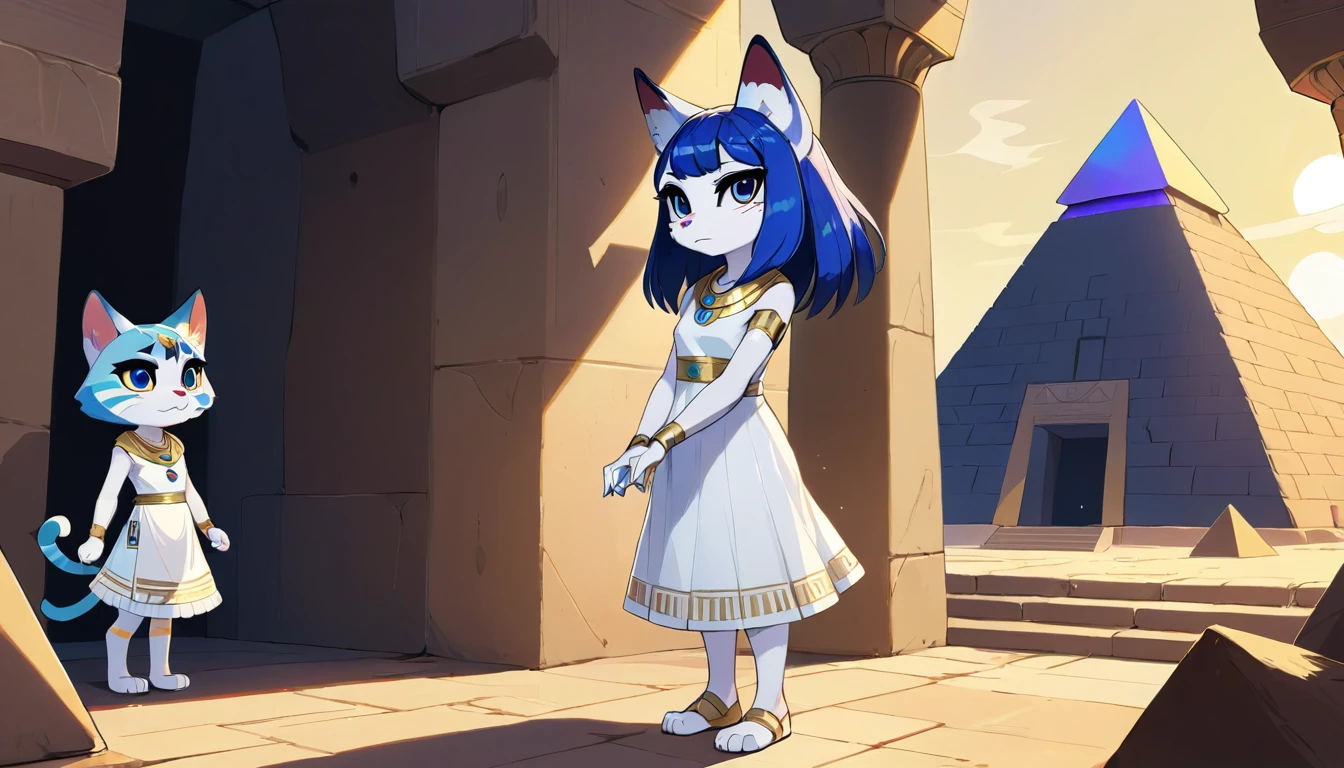 1girl，Artist Name，Egyptian cat，Blue Hair，skin，Keep your mouth shut，Wear，whole body，solo，Standing，猫Tail，Keep your mouth shut，Wear，Looking at the audience,Animal Crossing Furry, Blue Hair, Hair accessories, 黄skin, black eyes, White Dress, Tail, Egyptian Pyramids，mummy，Sunlight，sunny，(masterpiece), ((best quality), Detailed background, masterpiece, best quality, high quality, absurd, The award-winning, professional, Very detailed