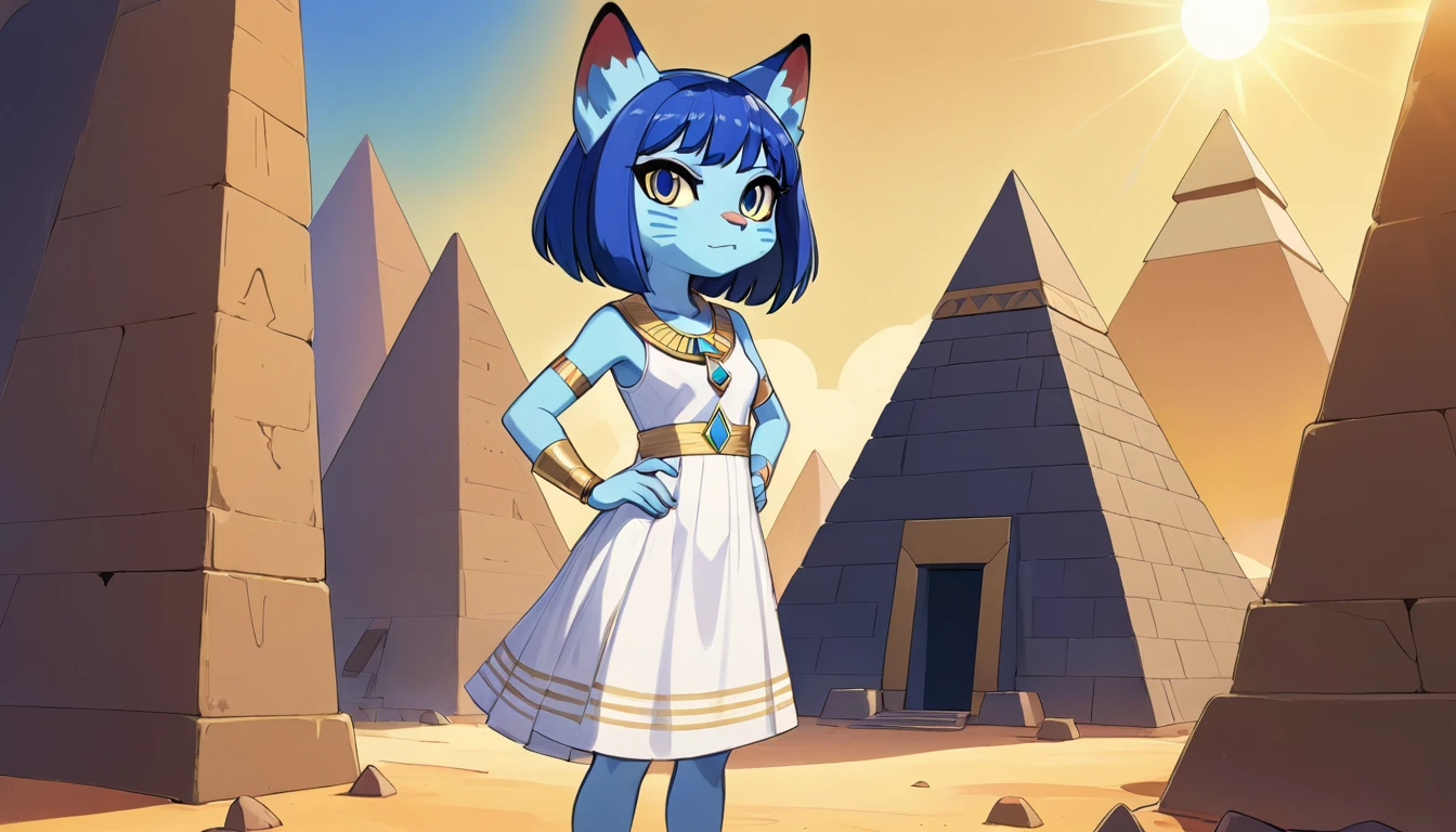 1girl,Artist Name,Egyptian cat,Blue Hair,skin,Keep your mouth shut,Wear,whole body,solo,Standing,猫Tail,Keep your mouth shut,Wear,Looking at the audience,Animal Crossing Furry, Blue Hair, Hair accessories, 黄skin, black eyes, White Dress, Tail, Egyptian Pyramids,mummy,Sunlight,sunny,(masterpiece), ((best quality), Detailed background, masterpiece, best quality, high quality, absurd, The award-winning, professional, Very detailed
