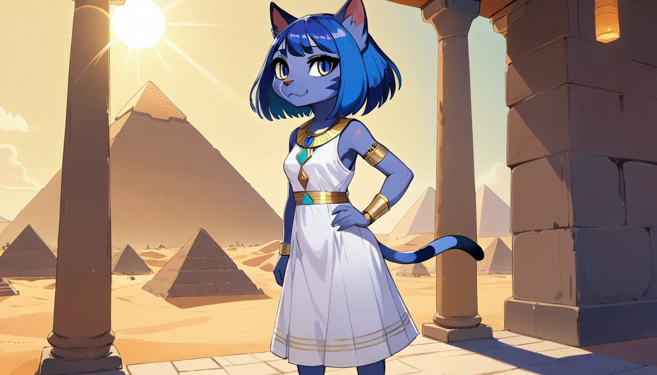 1girl，Artist Name，Egyptian cat，Blue Hair，skin，Keep your mouth shut，Wear，whole body，solo，Standing，猫Tail，Keep your mouth shut，Wear，Looking at the audience,Animal Crossing Furry, Blue Hair, Hair accessories, 黄skin, black eyes, White Dress, Tail, Egyptian Pyramids，mummy，Sunlight，sunny，(masterpiece), ((best quality), Detailed background, masterpiece, best quality, high quality, absurd, The award-winning, professional, Very detailed