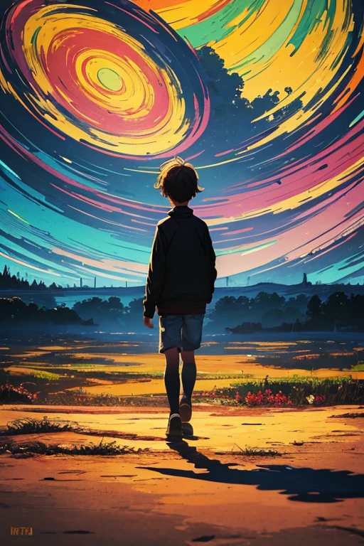 artistic painting, a shadow of a kid turned on backwards looking at a landscape of colorful spirals, Expressionism, Impressionism, motion lines, perspective