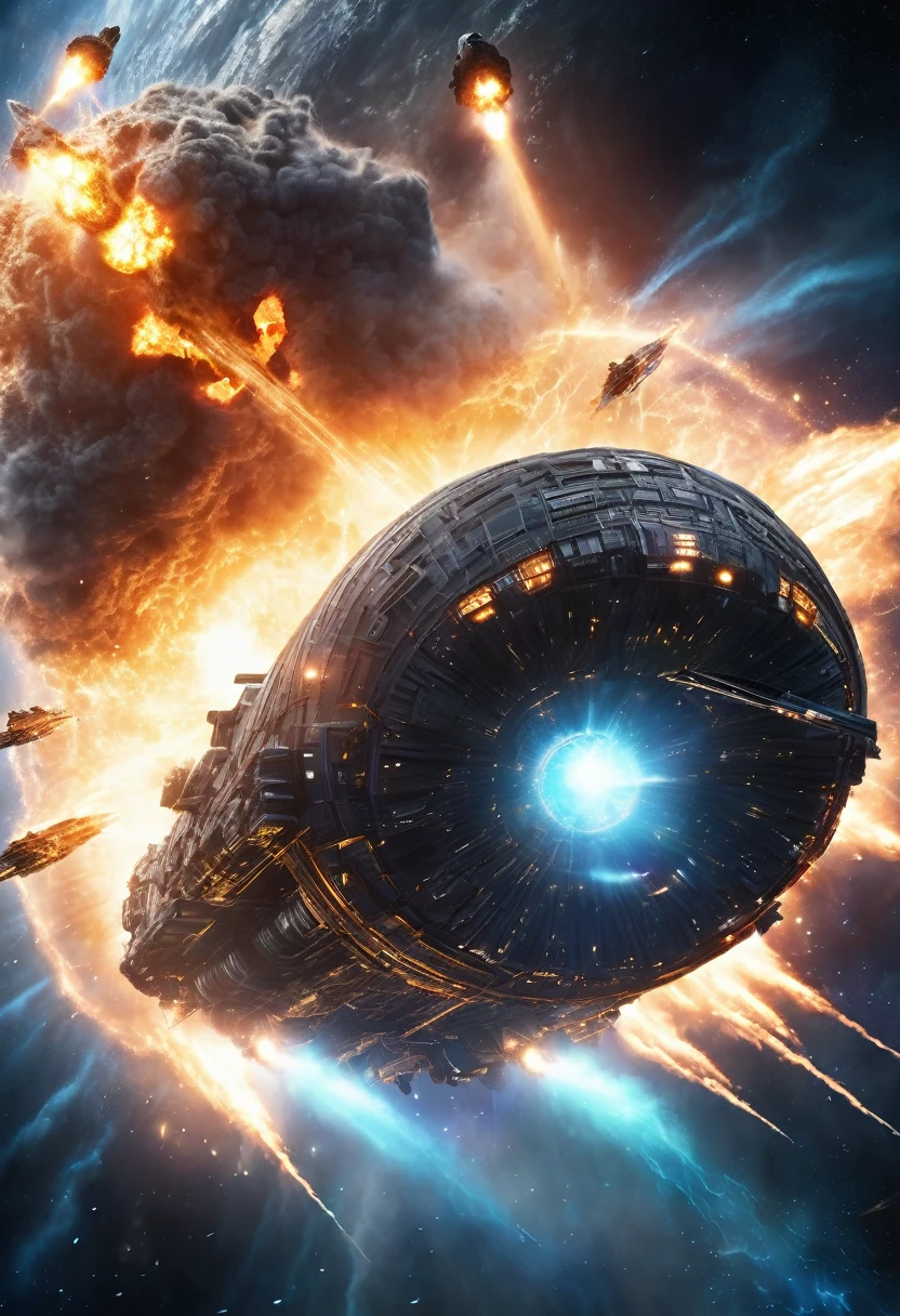 pursuit, a destroyer space craft pursue a battleship through a wormhole portal, epic scene, dark universe, laser beam shooting, cinematic motion, dramatic lightning, smoke and explosion, super detailed, highres, 8k, galactic background, nebula surrounded