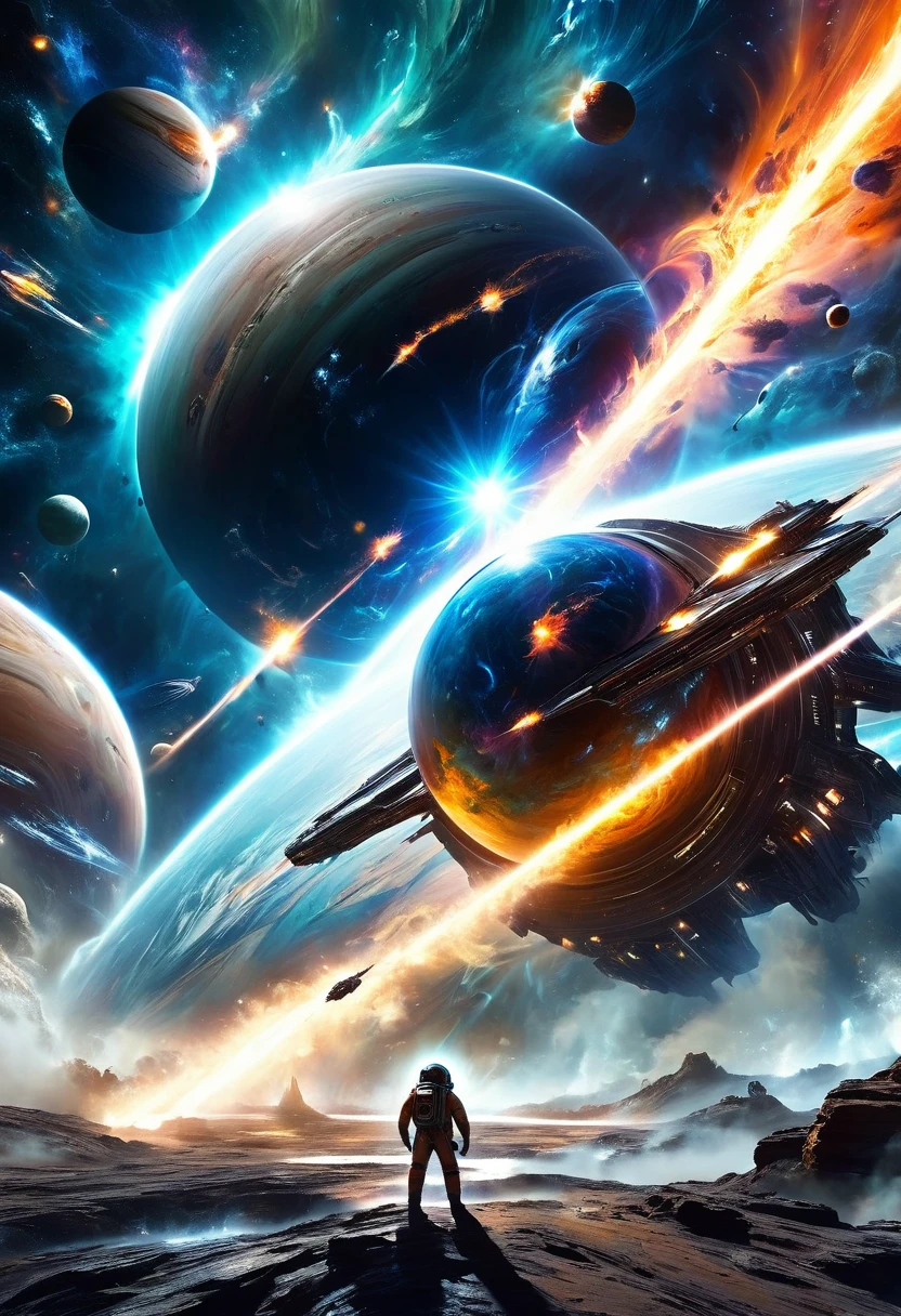 A dramatic futuristic space battle between astronauts and alien spacecraft, with massive planets, swirling cosmic energy, advanced alien technology, glowing spaceships, explosive action, dramatic lighting, complex mechanical designs, realistic textures, volumetric fog, cinematic camera angles, vivid color palette, and a sense of epic scale and grandeur