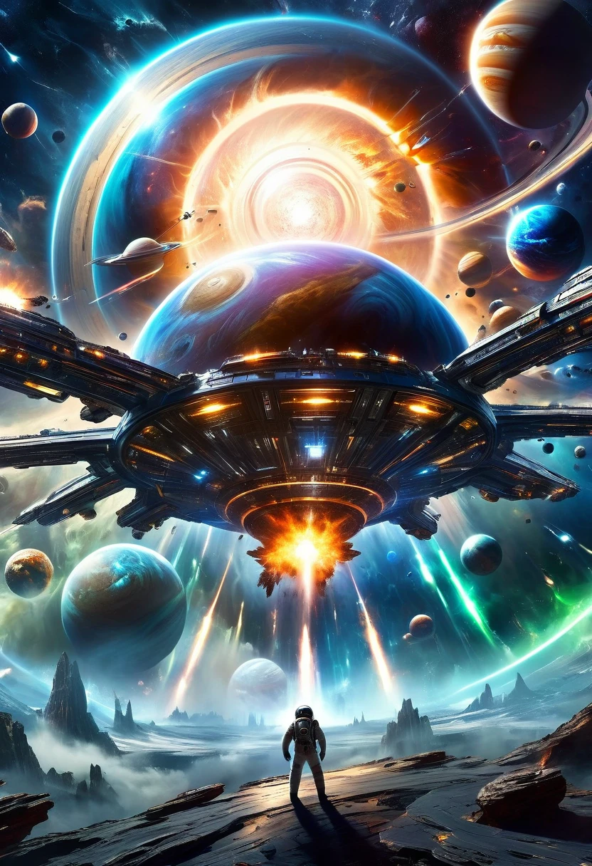 A dramatic futuristic space battle between astronauts and alien spacecraft, with massive planets, swirling cosmic energy, advanced alien technology, glowing spaceships, explosive action, dramatic lighting, complex mechanical designs, realistic textures, volumetric fog, cinematic camera angles, vivid color palette, and a sense of epic scale and grandeur