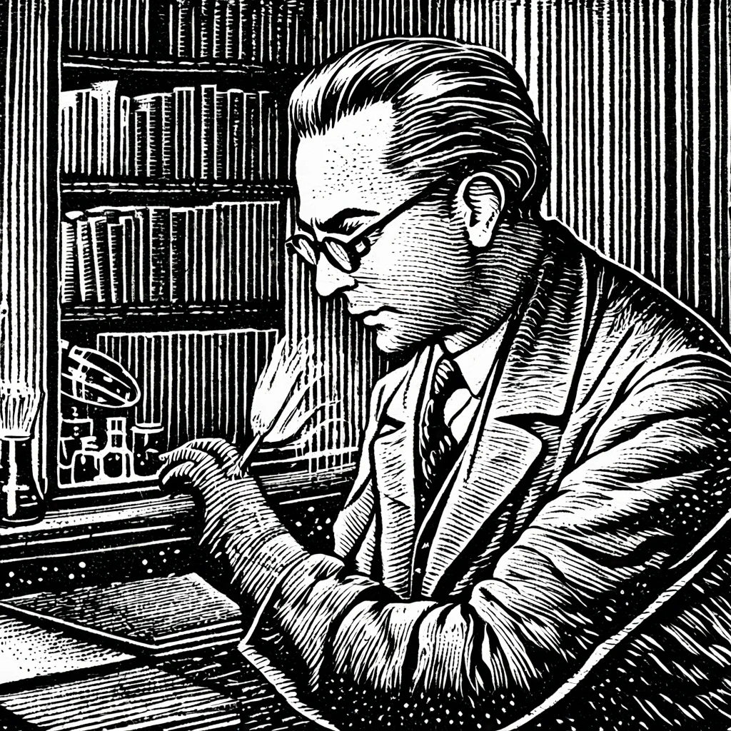 (Black and white woodcut:1.5)、(Second floor in black and white.)、foreground, dark and sinister atmosphere、profile face of a scientist with dark glasses, pompadur pompadour hair, wide lapels covering half the face, wearing gloves and holding your fist close to your face, seriousness, Dark shadows, in a science laboratory, laboratory with many computers and consoles, Mysterious、