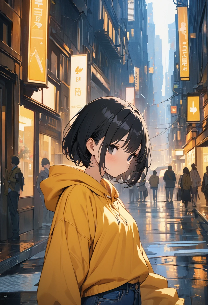 (BEST QUALITY), (MASTERPIECE), illustration, Extremely_detail, 4k wallpaper , 1 girl, tall girl, yellow hoodie, blue jeans, 18 years old , black Hair, short hair, Full Head of yellowHighlights, black eyes, cute, Background of the city