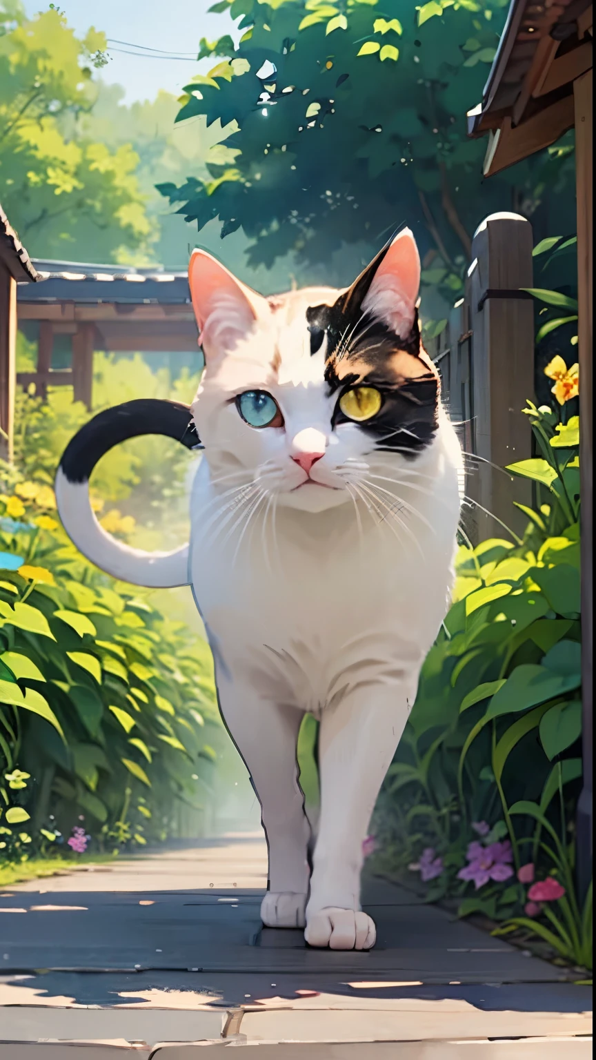 (masterpiece),(Highest quality),(Very detailed),(High resolution),((Line art)),((watercolor)),8K,wallpaper,A very detailed drawing of a calico cat、Insane Details、Very detailed猫、Blue Eyed Cat、A calico cat strolling around as if it owns the place、Calico cat walking on the promenade、Old townscape of Japan、A path lined with plants、Different world、The Creation of Silence、Long Shot、The subject is small、