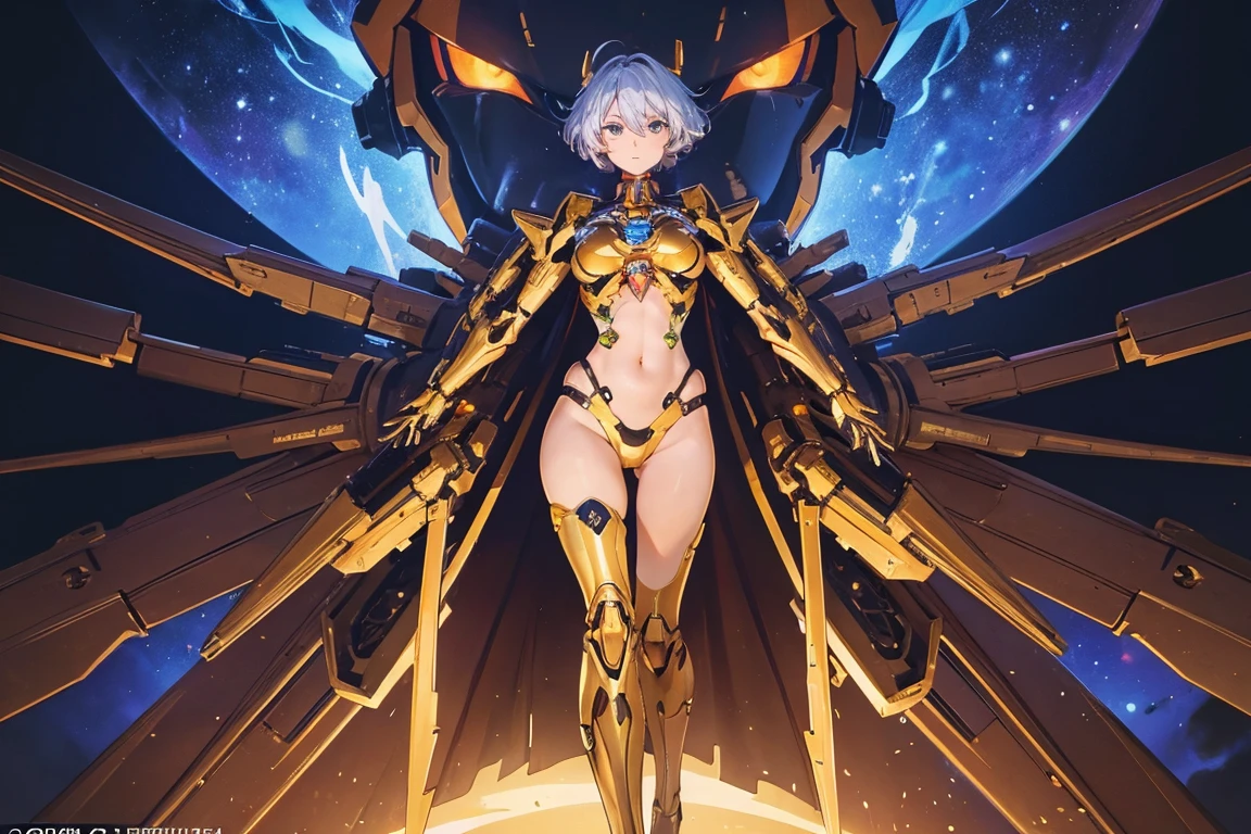 One woman:1.6, Mecha Girl, From the face down, the golden internal skeleton is exposed., The face is a beautiful human face, Masterpiece, Are standing, Full Body Shot.,