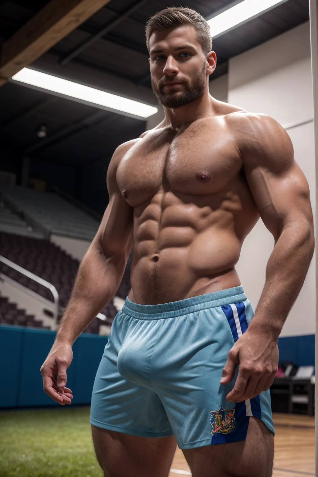 1boy, (Blue Eyes), happy smile,caucasian boy,18 years old,young, slim body, slender, skinny body build, child-like, twink,A man stands on the grass, Muscular!!, a Muscular, 8k 50mm ISO 10, ðŋðð, Okan , wearing volleyball jersey, k hd, advertisement picture, professional sports style, Wearing NBA jersey, Muscular!, , Muscular!!!188cm!Single Eyelidsïž with short brown hair ïžand a short beard, Only shortsïž(Show hairy chest muscles), ), (Use a short beard,) headspaceïžCharming and serious look, ïžïžStand on the basketball courtïžïž, Muscularïž, Close shave and secure fit, (High quality, photorealistic image),ïž ((quality, 8K, tmasterpiece), super k hd photos, (Details on the face, skin textures, Ultra-detailed body:1.1)High body hairïžA high resolution, tmasterpiece, muscularãShort hair detailsãNSFWãSpacious sizeãCorrect limb sculpting fingersïžThe skin is really darkïžThe skin is realïžAuthentic textureãCamera close to the groundïžïžStraw sandals background scatter 1.2) training,pale skin, pink nipples, skinny, good lighting, very pale skin, light skin, model with attractive body,,big bulge and big butts,(Best quality, 8k, Masterpiece). High Detail , , superior quality, natural lighting, beautiful, sexy, correct anatomy, good composition,realistic shapes, realistic skin tones,Natural eyes,realistic eyes,looking up at viewer,vpl,realistic muscles,Realistic wrinkles on the skin,Realistic arms and legs,Realistic face,realistic hair,Make a sexy and seductive face,, Clear Focus: 1.2, Perfect Body virile: 1.4 , Slender Abs: 1.2, Highly detailed face and skin texture, detailed eyes, double eyelids, big upper lip, man focus,amazing composition, front view, HDR, volumetric lighting, ultra quality, elegant,Post a erotic photoshoot,Realistic pose,detailed hair,full body,Fujifilm XT3 photorealistic art by midjourney