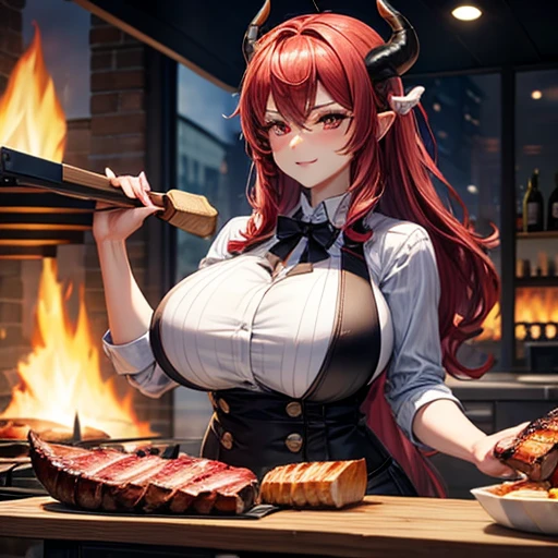 Big breasted woman with devil horns grilling steaks