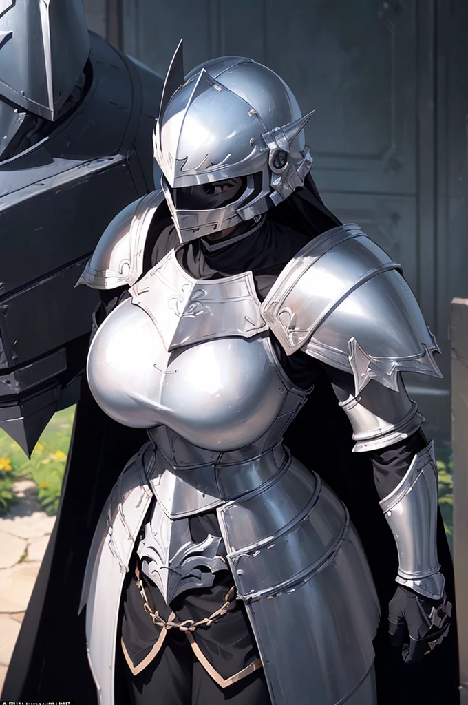 (masterpiece; best quality: 1.2), ((full armored knight woman)), ((solo)), (black eyes: 1.4), (body; toned, strong, femenine: 1.3), (beautiful and clear background: 1.2), ((depth of field)), (equipment: full plate full-black realistic armor + closed helmet with plume + black cape: 1.3), (anime illustration: 1.2), (background composition; garden exterior + furniture: 1.1), (extremely fine and beautiful: 1.1), (shot composition; standing + centered on torso + close-up: 1.5)