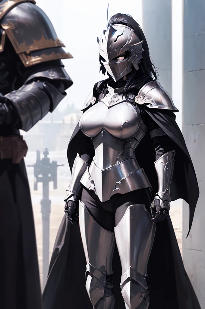(masterpiece; best quality: 1.2), ((full armored knight woman)), ((solo)), (black eyes: 1.4), (body; toned, strong, femenine: 1.3), (beautiful and clear background: 1.2), ((depth of field)), (equipment: full plate full-black realistic armor + closed helmet with plume + black cape: 1.3), (anime illustration: 1.2), (background composition; garden exterior + furniture: 1.1), (extremely fine and beautiful: 1.1), (shot composition; standing + centered on torso + close-up: 1.5)