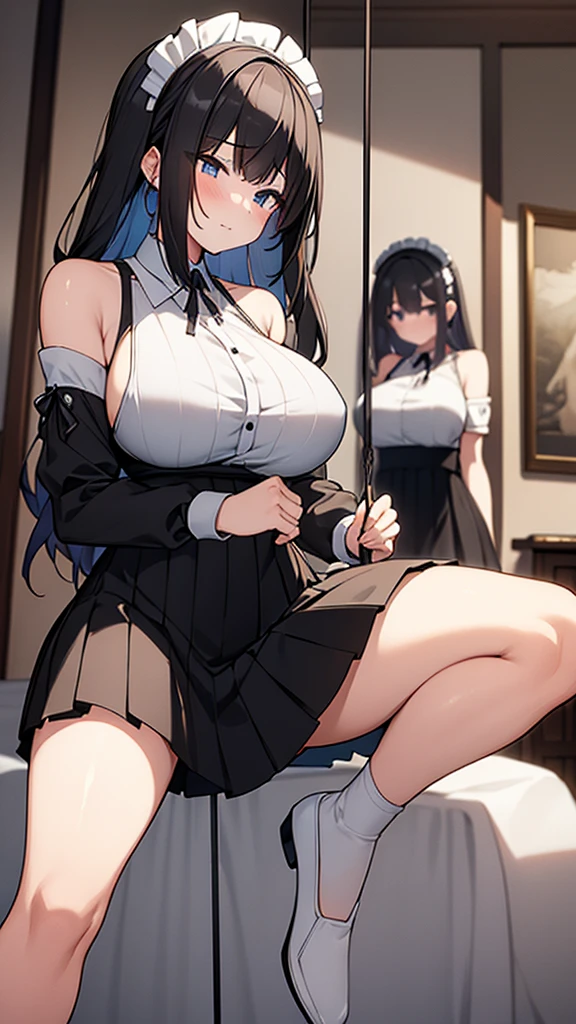 ((masterpiece)), (Highest quality、8K), (Simple style), Two Girls, Big Breasts, Swinging Big , Wearing a face stolen from someone else, No sleeve, Sleeveless, Off the shoulder, Black Dress, Pleated lace, Lace dress, White knee socks. whole body, Luxurious Room, {{The maid who stole the face of a guest、The guest died}}, NSFW