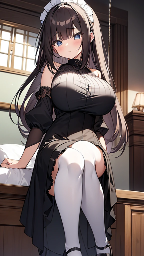 ((masterpiece)), (Highest quality、8K), (Simple style), Two Girls, Big Breasts, Swinging Big , Wearing a face stolen from someone else, No sleeve, Sleeveless, Off the shoulder, Black Dress, Pleated lace, Lace dress, White knee socks. whole body, Luxurious Room, {{The maid who stole the face of a guest、The guest died}}, NSFW
