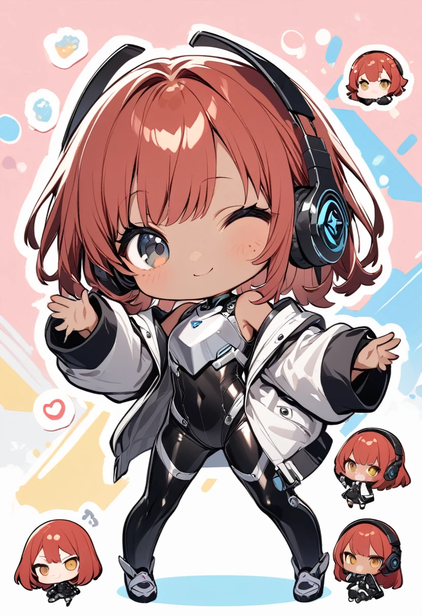 full body,1 girl,(cute:1.3),red Hair, left eye blue, right eye yellow, tan skin, freckles,{White breastplate, Black futuristic headphones, Mechanical black glossy metallic Bodysuit, Bare shoulders, oversized jacket, Glossy, shiny material,chibi emote, chibi character, cute pose