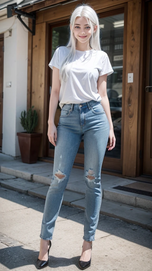 female teenager with white hair, white skin and blue eyes smiling in wide jeans full body