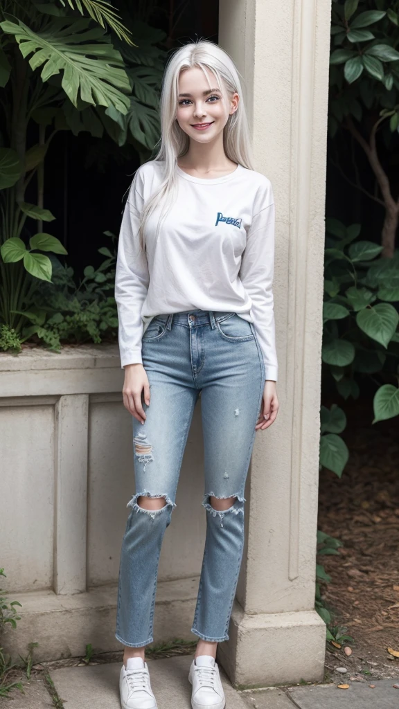 female ager with white hair, white skin and blue eyes smiling in wide jeans full body 