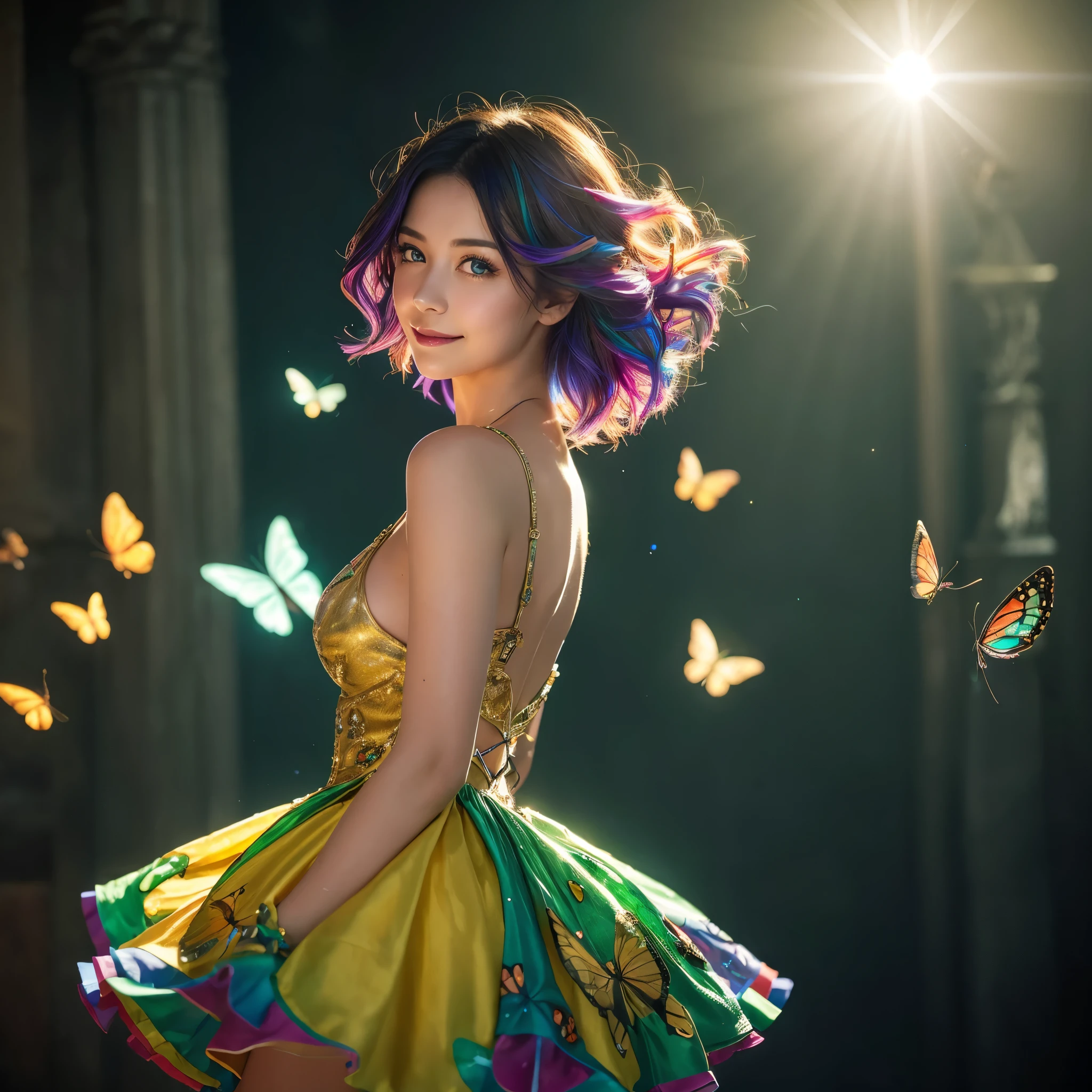 One girl, masterpiece, Very detailed, ((Cinema Lighting)), (Shine), ((Dramatic lighting)), ((Beautiful sparkle)), Exquisite detail, Lens flare, Multicolored Hair, Rainbow Hair, Long Hair, colorfulなドレス, butterflyの髪飾り, butterfly, (Particles of light), Put your arms behind your back, Large Breasts, [Curvy], Cowboy Shot, A light smile, Green Eyes, church, Stained glass, Spotlight, Dark Background, Floating Hair, Floating Hair, View your viewers,((colorful))