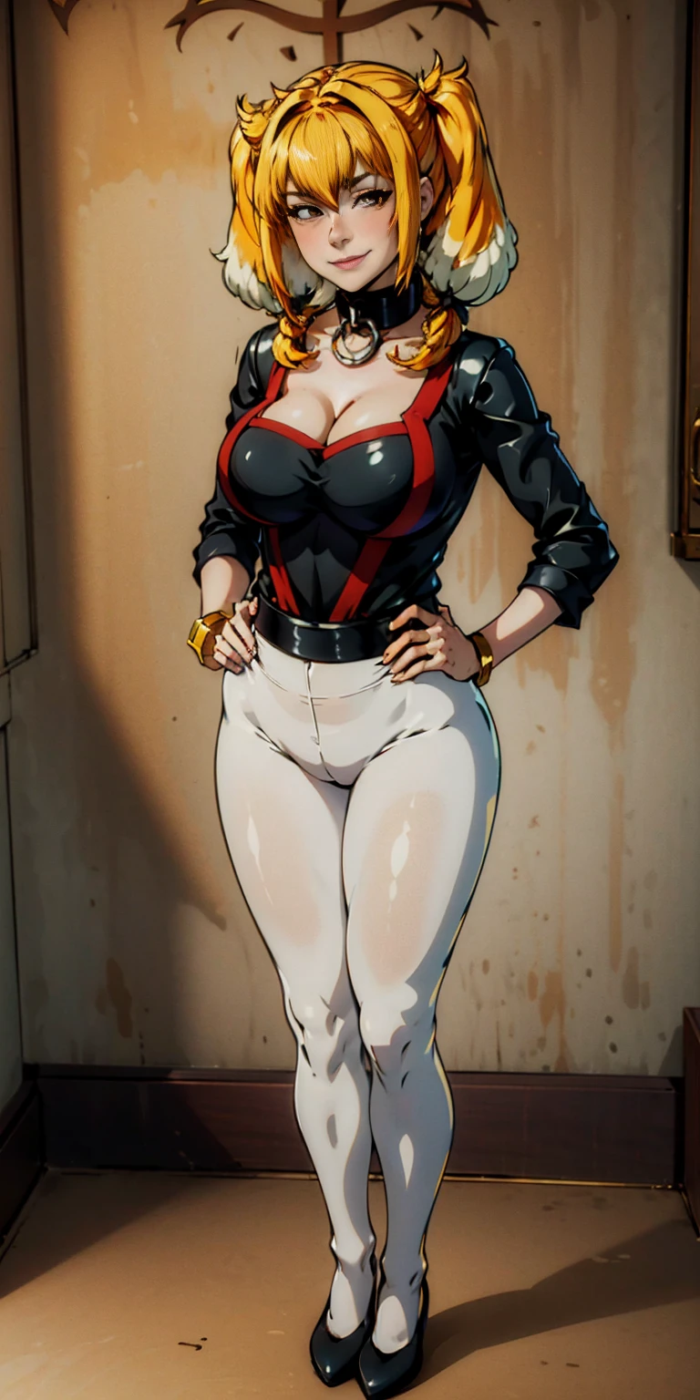 1solo Milf full body standing straight symmetrical, looking at viewer, hands on hips, twin drills twintails, striped pantyhose, golden handcuffs on their hands with a black leather collar around the golden heart necklace, hands on hips, lustful smirking smile face red blushed