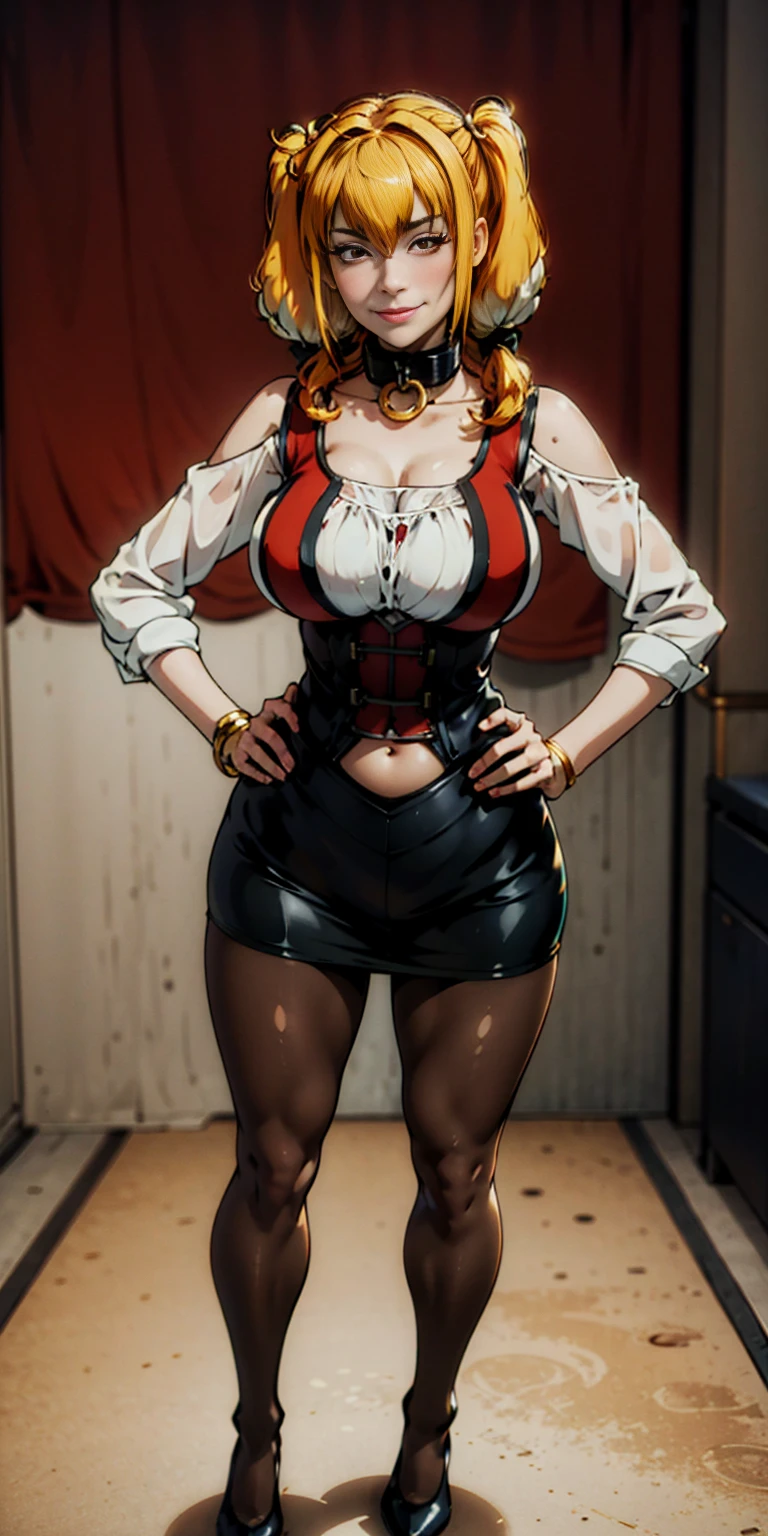 1solo Milf full body standing straight symmetrical, looking at viewer, hands on hips, twin drills twintails, striped pantyhose, golden handcuffs on their hands with a black leather collar around the golden heart necklace, hands on hips, lustful smirking smile face red blushed