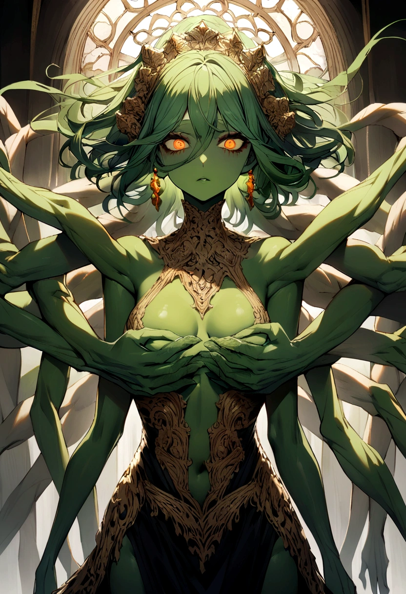 Terrifying woman with 6 arms coming out of her own body, green skin, green hair, orange eyes