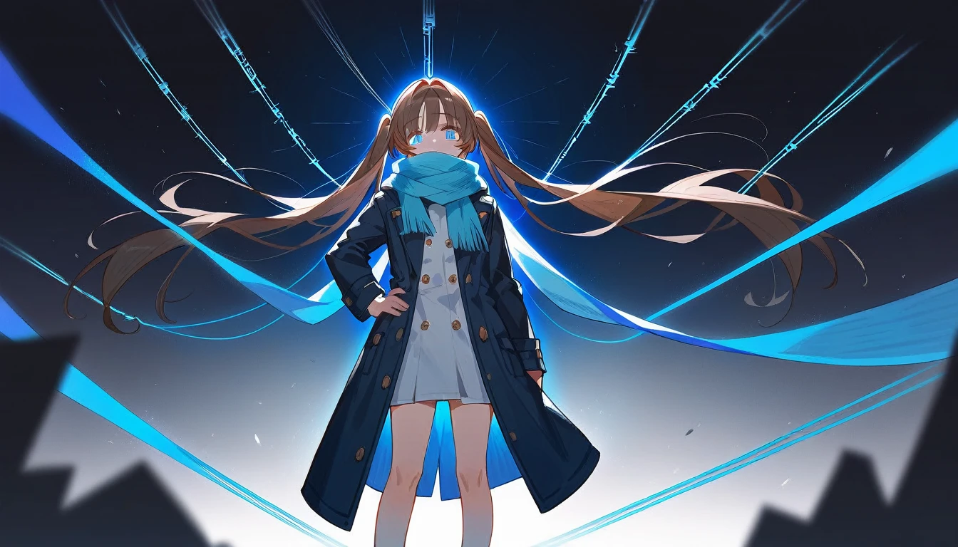 8K, best quality, masterpiece, (ultra-detailed:1.1), (high detailed skin),white background, standing, looking at viewer, 独奏, hand on hip, 
fll, twintails, 1girl，Brown long hair，Blue Eyes，1 little girl，Short height，Dark blue trench coat，Flowing scarf，avatar，blur background，（（Brown hair），（（（individual））），Background starlight，Background of wires，The bright blue magic in my hand is beautifully lit，Character edge light and shadow，Super photography，Superb atmosphere，Black sky
( good hands, nice hands:0.5), 
(beautiful_face), ((intricate_detail)), clear face, 
((finely_detailed)), fine_fabric_emphasis, 