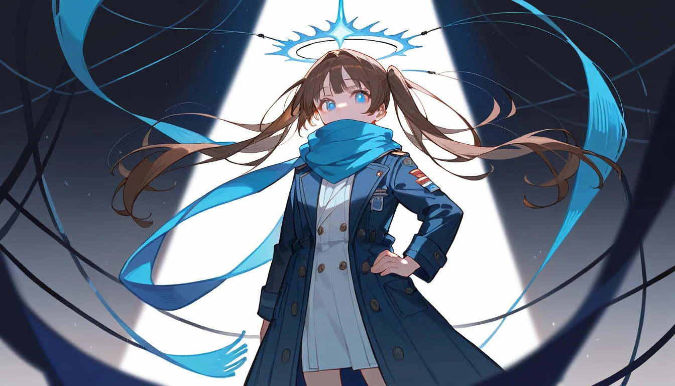 8K, best quality, masterpiece, (ultra-detailed:1.1), (high detailed skin),white background, standing, looking at viewer, 独奏, hand on hip, 
fll, twintails, 1girl，Brown long hair，Blue Eyes，1 little girl，Short height，Dark blue trench coat，Flowing scarf，avatar，blur background，（（Brown hair），（（（individual））），Background starlight，Background of wires，The bright blue magic in my hand is beautifully lit，Character edge light and shadow，Super photography，Superb atmosphere，Black sky
( good hands, nice hands:0.5), 
(beautiful_face), ((intricate_detail)), clear face, 
((finely_detailed)), fine_fabric_emphasis, 