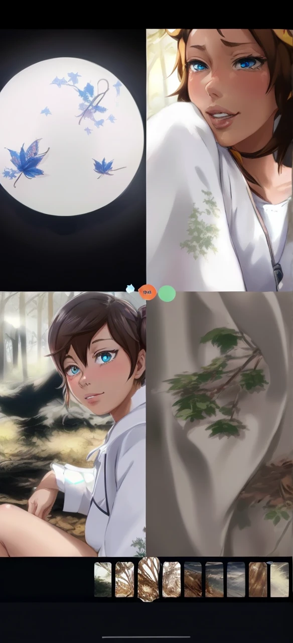 (majalis:1.2), (1boy, femboy, hiro:1.1), brown hair, twintails, flat chest, closeup, lips, lip biting, long hair, looking at viewer, closeup, eyelashes, solo, blue eyes, anime girl sitting on a stump in a forest with a fire, at a campfire in the forest, 🍁 cute, artwork in the style of guweiz, made with anime painter studio, artgerm and atey ghailan, makoto shinkai ( apex legends ), autumn season, forest picnic, 🍂 cute, realistic anime artstyle, official artwork