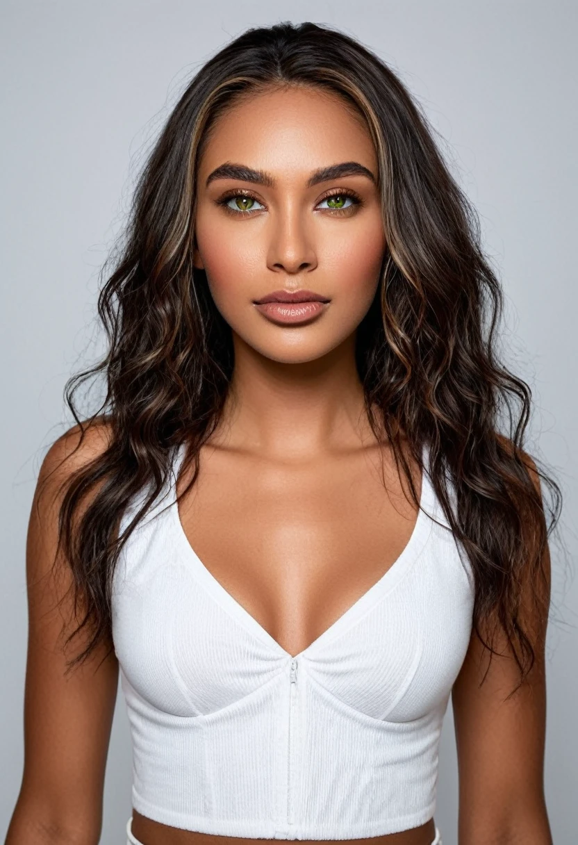 Sexy woman in a white top and white short shorts posing for a photo in a photo studio. a beautiful woman, beautiful Latin face, Brazilian supermodel, stunning, stunning beauty, Angolan descent, most beautiful woman in the world, jaw-dropping beauty, young adult 30 years old, She has an exotic beauty, native Brazilian, tall woman, a stunning black African woman, with indigenous features, beautiful indigenous girl, ((An indigenous African girl with European ebony)), ((her beauty is undeniable)), beautiful young black woman with dark skin, tanned Mexican. *hair: Curly black hair with brown highlights, Voluminous black hair with brown highlights, vibrant and dynamic cut with soft waves. *eyes: green and expressive eyes, beautiful green eyes, realistic green eyes, detailed green eyes, ultra realistic, symmetrical, hyper realistic, (eyeliner, long eyelashes), intense and penetrating look, seductive, mysterious and charming look, magnetism look, attraction and fascination. * Eyebrows: Perfect eyebrows that arch gracefully above the eyes and are thick. * the nose is small and proportional to the face and the soft contour of the face that accentuates the high cheekbones. *Mouth: Attractive and irresistible mouth, well-defined lips, full lips, voluminous lips, seductive lips, captivating, striking, unforgettable, mischievous, sexy, your features are captivating, seductive expression, a seductive smile is enigmatic *Face shape: O the face is oval, with high cheekbones and a well-defined chin, a beautiful and detailed face. *Makeup: Makeup is subtle, but highlights natural features. Skin Tone: Olive skin, healthy and even glow, with olive skin, dark skin, sexy girl with olive skin, detailed skin texture, beautiful and glowing skin, intricate details, smooth skin, healthy and radiant appearance. *body: attractive and slim woman, medium bust, athletic, thin waist, wide hips, big butt, thick thighs, shapely legs. A woman posing for a photo in a studio, seductive pose.