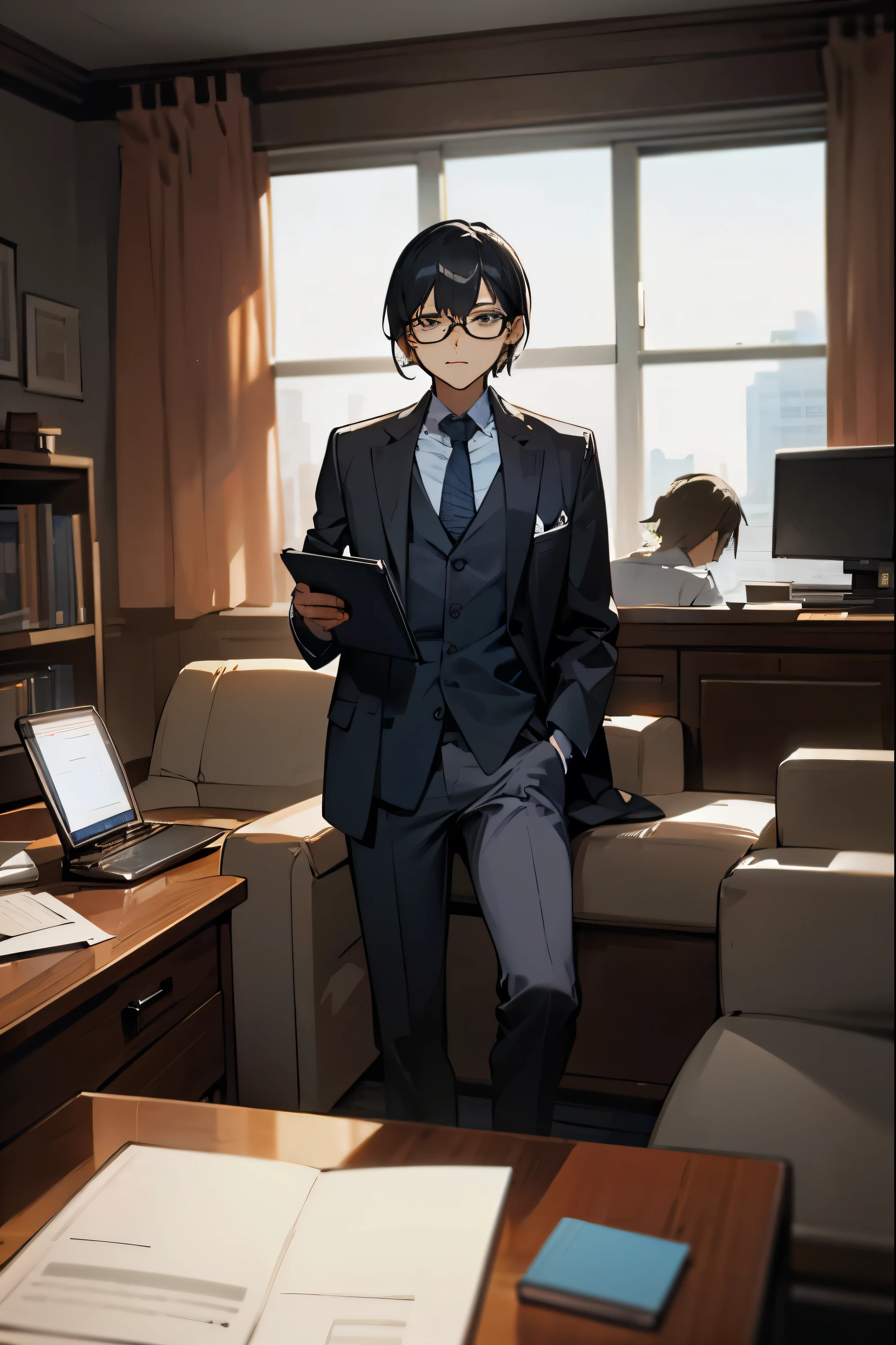 Young people,Black Hair,Professional attire,Corporate cadres,Wearing a light gray suit,Wearing glasses,sitting on the couch in the office,There is a coffee table in front of me.,There is a laptop on the coffee table,Turn left,Serious Eyes。Illustration Style,Marker sketch style,Sketching a Portrait of a Person,High resolution,4K。
