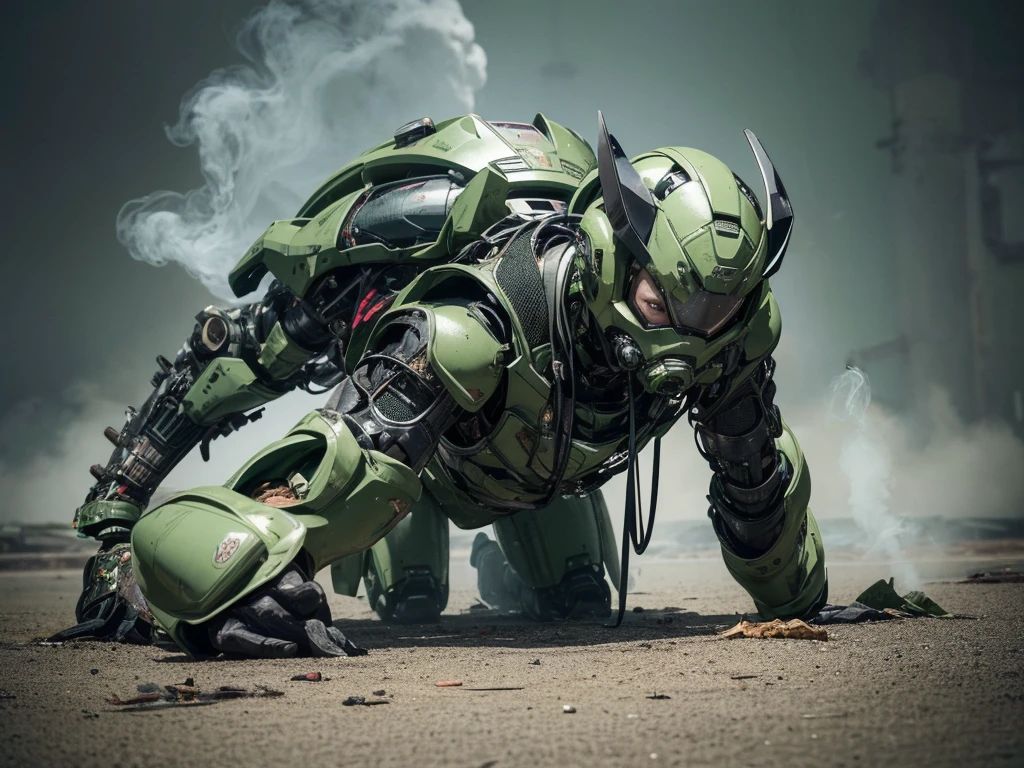 Textured skin, Super detailed, Attention to detail, high quality, 最high quality, High resolution, 1080P, hard disk, beautiful,(bare hands),beautiful cyborg middle aged woman,Mecha Cyborg Girl,(Dark green armor)((Major damage)),Woman with a mechanical body、She is wearing a futuristic combat weapon mecha,Full Body Shot、Soot on the face、Bitter Expressions、it hurts、A lot of sweat on the face、cute、gas mask、Lying on the ground、(Very cracked outfit)(Smoke from the whole body)、is visible、Full of body slander.、My whole body was injured.、Smoke comes from the whole body、Spread your legs、Collapse(Headgear split in half)、(Fall face down on the ground) (Debris scatters all over the place)