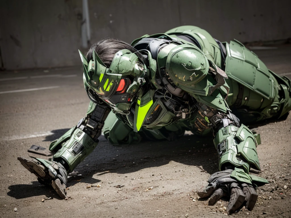 Textured skin, Super detailed, Attention to detail, high quality, 最high quality, High resolution, 1080P, hard disk, beautiful,(bare hands),beautiful cyborg middle aged woman,Mecha Cyborg Girl,(Dark green armor)((Major damage)),Woman with a mechanical body、She is wearing a futuristic combat weapon mecha,Full Body Shot、Soot on the face、Bitter Expressions、it hurts、A lot of sweat on the face、cute、gas mask、Lying on the ground、(Very cracked outfit)(Smoke from the whole body)、is visible、Full of body slander.、My whole body was injured.、Smoke comes from the whole body、Spread your legs、Collapse(Headgear split in half)、(Fall face down on the ground) (Debris scatters all over the place)