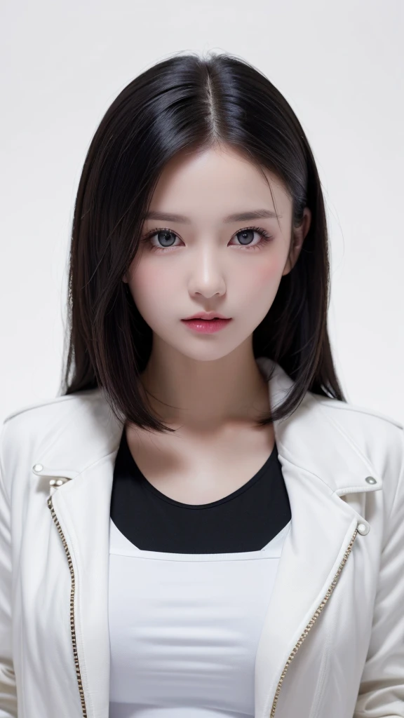 (((forehead、Northern Europe、White people、beautiful girl、Black Hair、White background、open jacket、lender)))、table top, highest quality, figure, super detailed, finely, High resolution, 8k wallpaper, Perfect dynamic composition, detailed and beautiful eyes, Deco out,bionde, breasts, Natural color lip,white background, random cute poses,