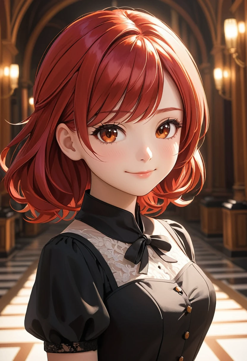 (masterpiece, best quality:1.2), 1girl, solo, cinematic view, portrait, red hair, cute smile, dynamic angle, black dress, smug face