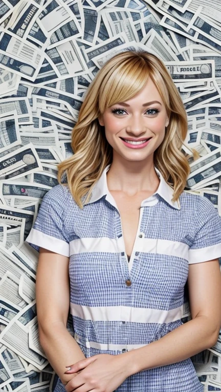 Beth Behrs dressed in clothes made of bills with a smile