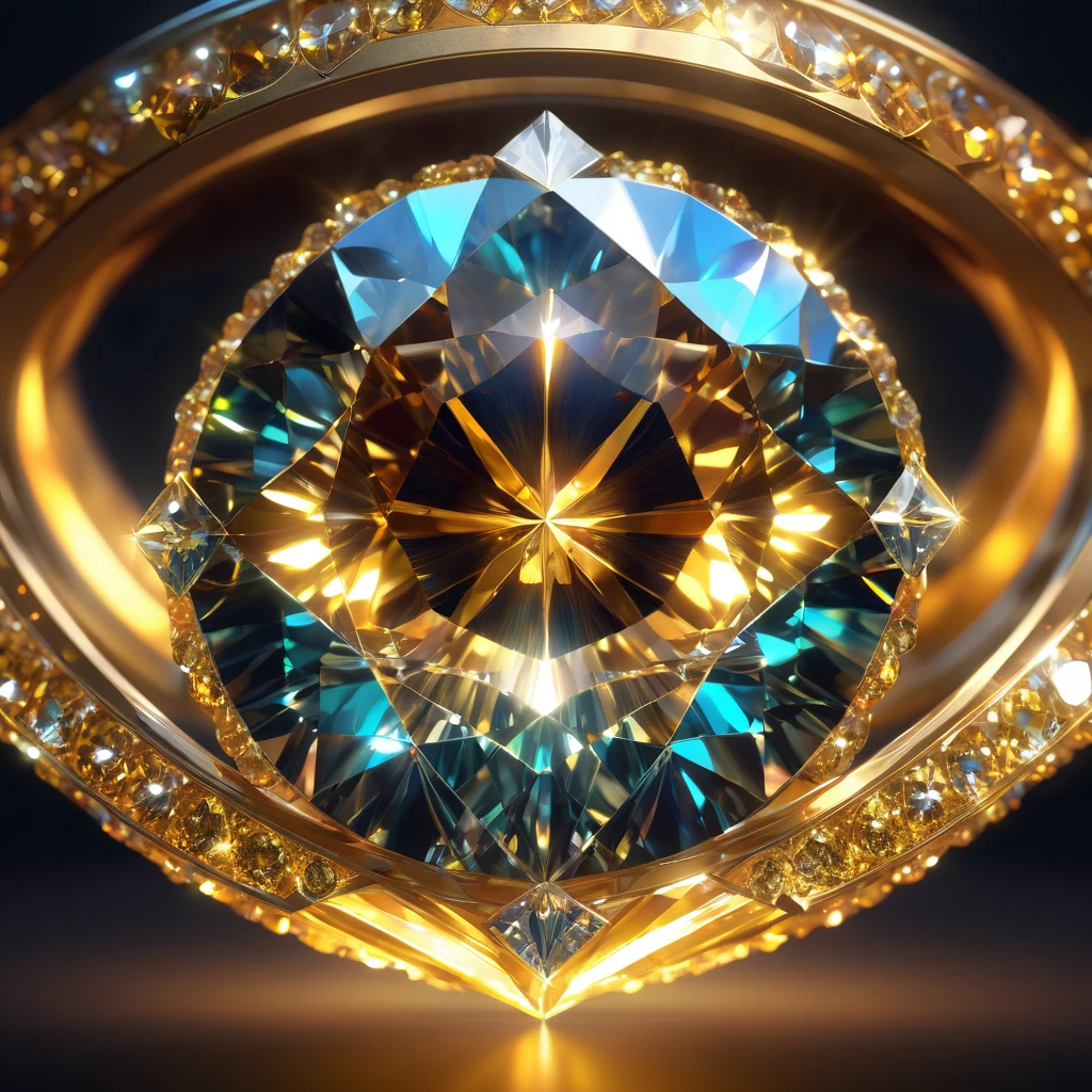 diamond Eye, 3D, , hyperrealistic, 8K, photorealistic, masterpiece, cinematic lighting, volumetric lighting, dramatic lighting, vibrant colors, golden hues, glowing, ethereal, mystical, fantasy, digital art
