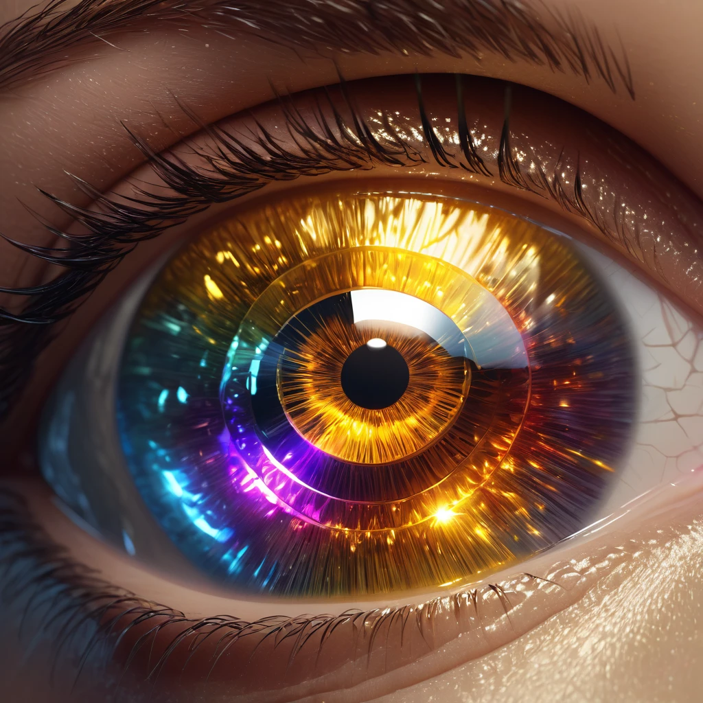diamond Eye, 3D, , hyperrealistic, 8K, photorealistic, masterpiece, cinematic lighting, volumetric lighting, dramatic lighting, vibrant colors, golden hues, glowing, ethereal, mystical, fantasy, digital art
