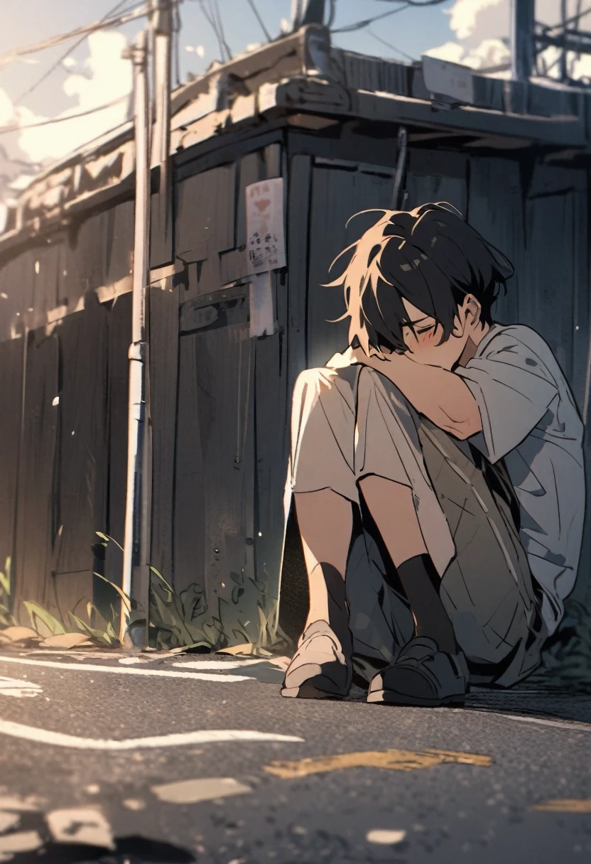 a boy sad and seat in road said