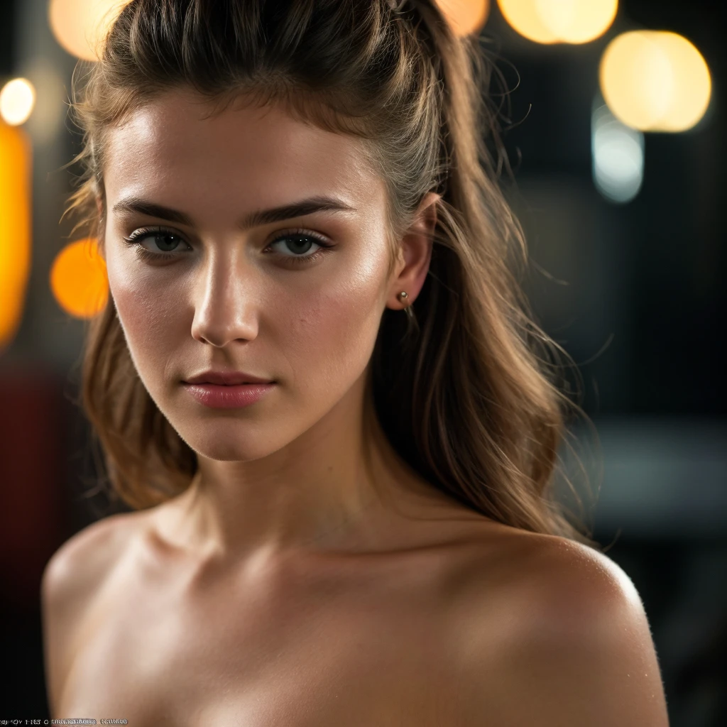 HyperSmoke, award-winning portrait photo of a young Norwegian woman with fair skin, captured with a beautiful bokeh effect and backlighting. Emphasize a sultry and elegant atmosphere with intricate details and true-to-life skin tones. Highlight the brown color subtly to enhance the realism. The background should be dark to create a striking contrast, making the subject stand out prominently, with a seductive and captivating expression.