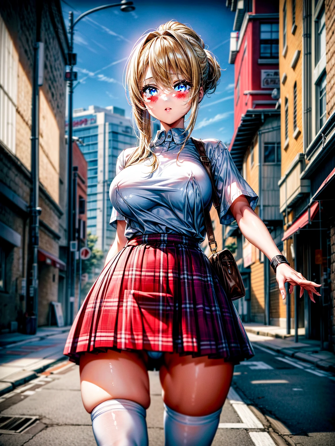 1girl,masterpiece,best quality,blonde hair,(ponytails),blue eyes,(white stockings),(red plaid skirt),short skirt,standing,in full length,medium breasts,white t shirt,in front of streets,extremely detailed,[[realistic]],beautiful alluring anime teen,seductive anime girl,waving skirt