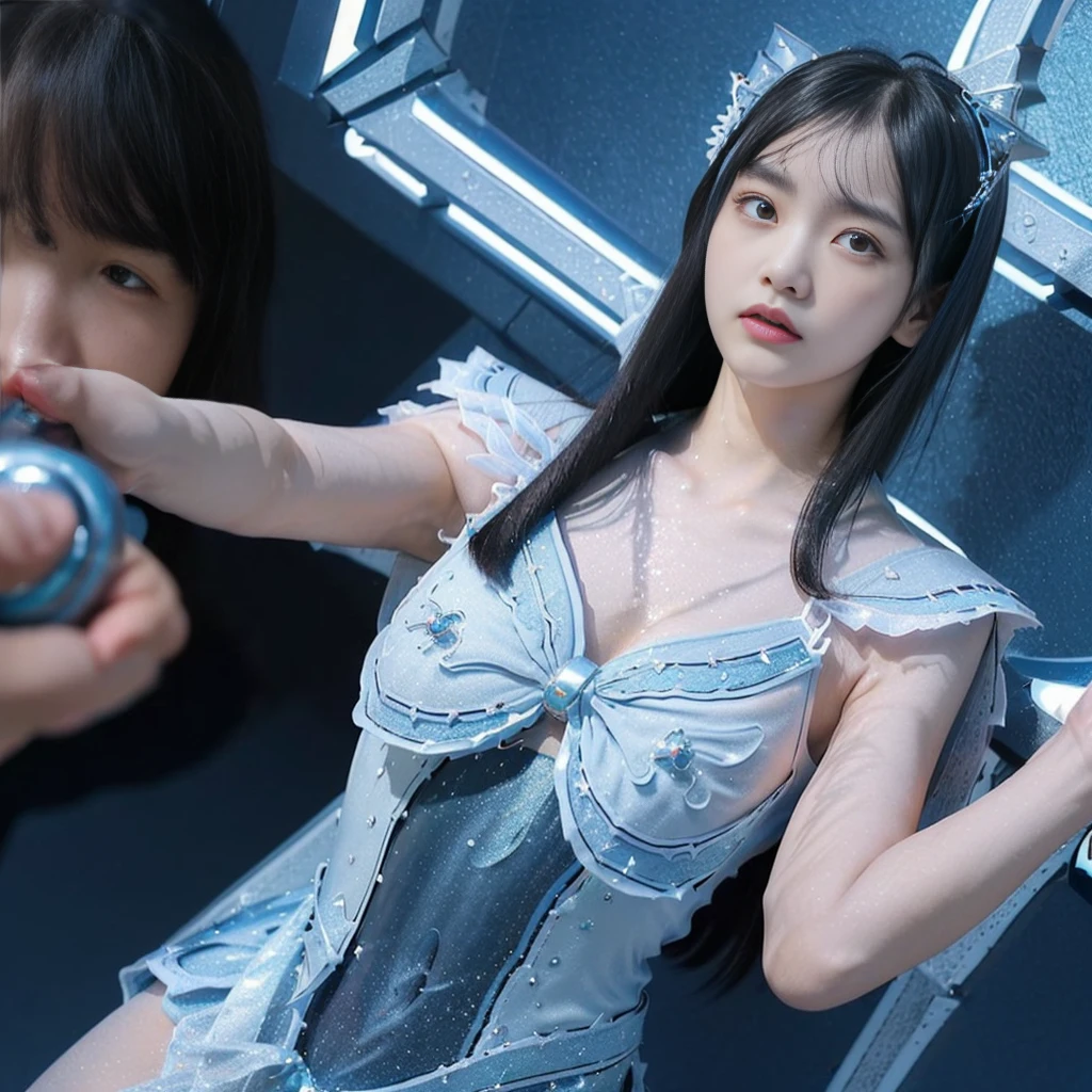 high quality, masterpiece, Very detailed, 8K, a 30 years old beautiful Japanese woman:1.5, Small face, blunt bangs, bunches, Black Hair, ((Woman crucified on the cross:1.5, Breast Augmentation Surgery)), (Detailed light blue and blue magical girl heroine outfit:1.5), remote_play, remote_Vibrate、　(climax:1.5)