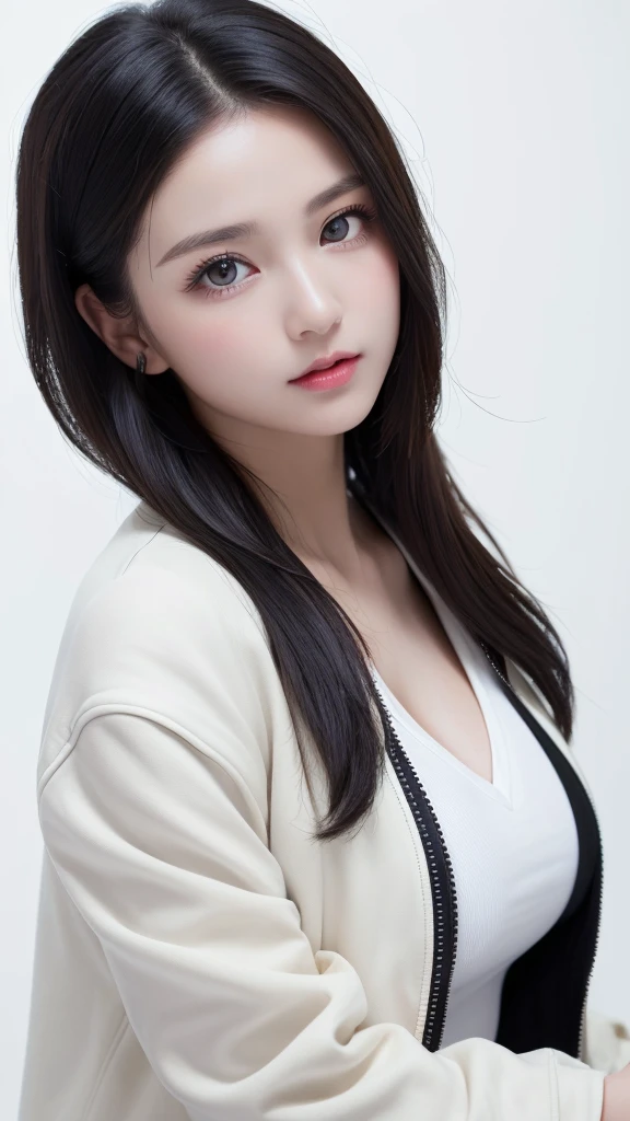 (((forehead、Northern Europe、White people、beautiful girl、Black Hair、White background、open jacket、lender)))、table top, highest quality, figure, super detailed, finely, High resolution, 8k wallpaper, Perfect dynamic composition, detailed and beautiful eyes, Deco out,bionde, breasts, Natural color lip,white background, random cute poses,