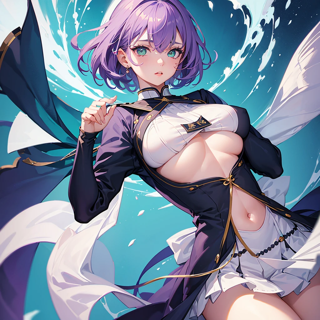 1girl,realistic,short hair,green eyes,blank eyes,purple hair,gigantic breast, uniform,sailor suit,skirt,extremely detailed eyes and face,longeyelashes,beautiful detailed lips,masterpiece,upper body,blue background