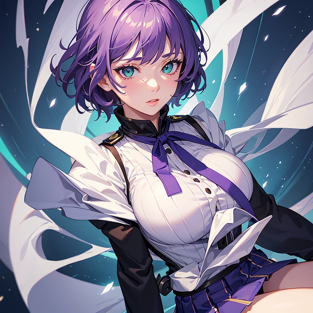 1girl,realistic,short hair,green eyes,blank eyes,purple hair,gigantic breast, uniform,sailor suit,skirt,extremely detailed eyes and face,longeyelashes,beautiful detailed lips,masterpiece,upper body,blue background